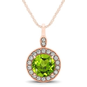 Round Peridot and Diamond Halo Pendant Necklace 14k Rose Gold 1.85ct - All