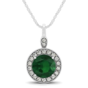 Round Emerald and Diamond Halo Pendant Necklace 14k White Gold 2.15ct - All