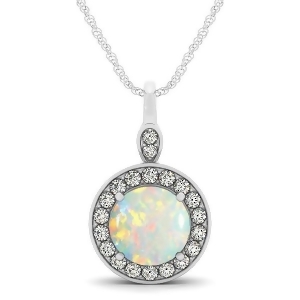 Round Opal and Diamond Halo Pendant Necklace 14k White Gold 1.32ct - All