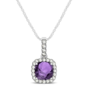 Amethyst and Diamond Halo Cushion Pendant Necklace 14k White Gold 0.66ct - All