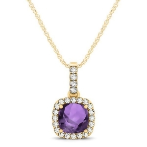 Amethyst and Diamond Halo Cushion Pendant Necklace 14k Yellow Gold 0.66ct - All