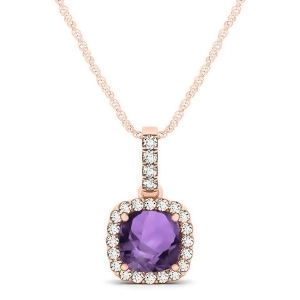 Amethyst and Diamond Halo Cushion Pendant Necklace 14k Rose Gold 0.66ct - All