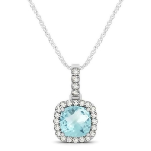 Aquamarine and Diamond Halo Cushion Pendant Necklace 14k White Gold 0.66ct - All