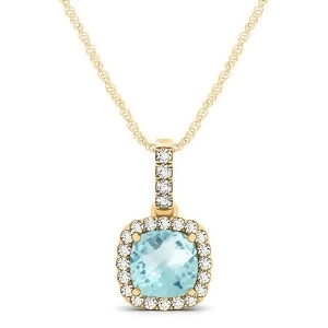 Aquamarine and Diamond Halo Cushion Pendant Necklace 14k Yellow Gold 0.66ct - All