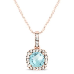 Aquamarine and Diamond Halo Cushion Pendant Necklace 14k Rose Gold 0.66ct - All