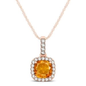 Citrine and Diamond Halo Cushion Pendant Necklace 14k Rose Gold 0.61ct - All
