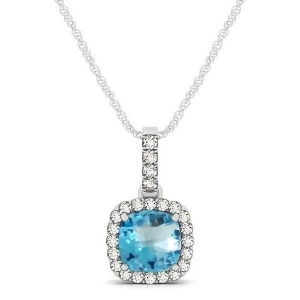 Blue Topaz and Diamond Halo Cushion Pendant Necklace 14k White Gold 0.78ct - All