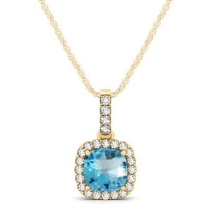 Blue Topaz and Diamond Halo Cushion Pendant Necklace 14k Yellow Gold 0.78ct - All