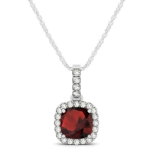 Garnet and Diamond Halo Cushion Pendant Necklace 14k White Gold 0.90ct - All