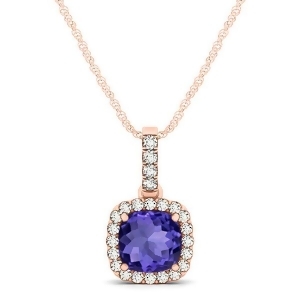 Tanzanite and Diamond Halo Cushion Pendant Necklace 14k Rose Gold 0.74ct - All