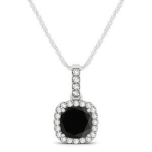 Black Diamond and Diamond Halo Cushion Pendant Necklace 14k White Gold 0.62ct - All