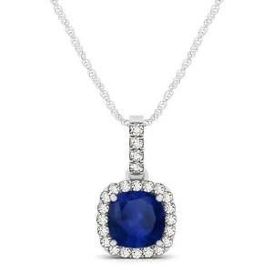 Blue Sapphire and Diamond Halo Cushion Pendant Necklace 14k White Gold 0.85ct - All