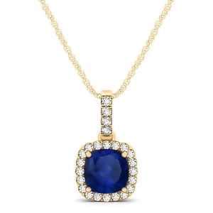 Blue Sapphire and Diamond Halo Cushion Pendant Necklace 14k Yellow Gold 0.85ct - All