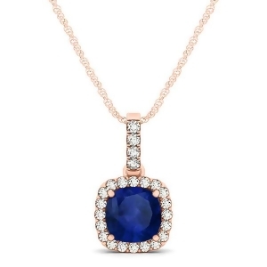 Blue Sapphire and Diamond Halo Cushion Pendant Necklace 14k Rose Gold 0.85ct - All