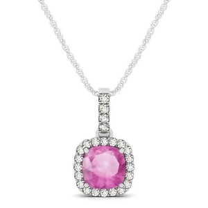 Pink Sapphire and Diamond Halo Cushion Pendant Necklace 14k White Gold 0.85ct - All