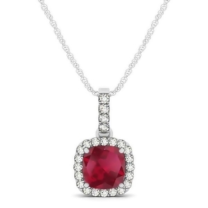 Ruby and Diamond Halo Cushion Pendant Necklace 14k White Gold 0.85ct - All