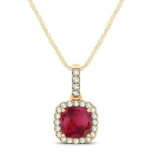 Ruby and Diamond Halo Cushion Pendant Necklace 14k Yellow Gold 0.85ct - All