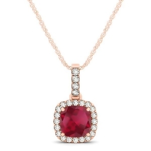 Ruby and Diamond Halo Cushion Pendant Necklace 14k Rose Gold 0.85ct - All