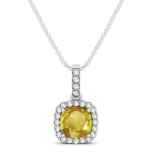 Yellow Sapphire and Diamond Halo Cushion Pendant Necklace 14k White Gold 0.85ct - All