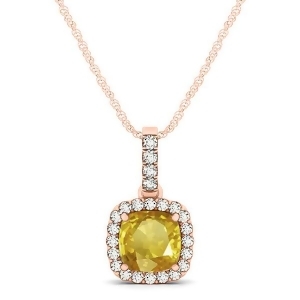Yellow Sapphire and Diamond Halo Cushion Pendant Necklace 14k Rose Gold 0.85ct - All