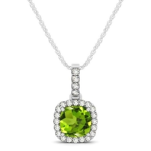 Peridot and Diamond Halo Cushion Pendant Necklace 14k White Gold 0.75ct - All