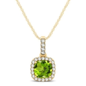 Peridot and Diamond Halo Cushion Pendant Necklace 14k Yellow Gold 0.75ct - All