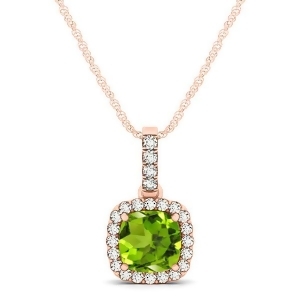 Peridot and Diamond Halo Cushion Pendant Necklace 14k Rose Gold 0.75ct - All