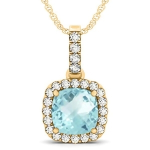 Aquamarine and Diamond Halo Cushion Pendant Necklace 14k Yellow Gold 4.05ct - All
