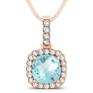 Aquamarine and Diamond Halo Cushion Pendant Necklace 14k Rose Gold 4.05ct - All