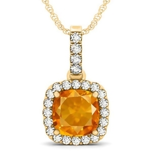 Citrine and Diamond Halo Cushion Pendant Necklace 14k Yellow Gold 4.05ct - All