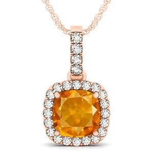 Citrine and Diamond Halo Cushion Pendant Necklace 14k Rose Gold 4.05ct - All