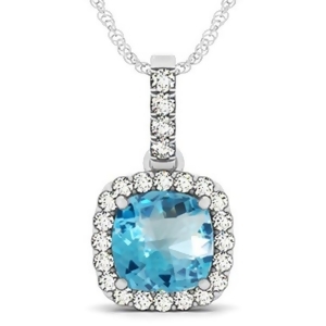 Blue Topaz and Diamond Halo Cushion Pendant Necklace 14k White Gold 4.05ct - All