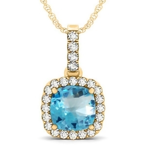 Blue Topaz and Diamond Halo Cushion Pendant Necklace 14k Yellow Gold 4.05ct - All