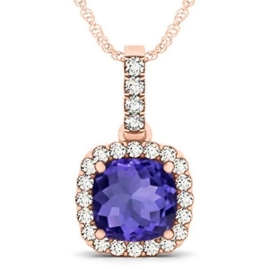 Tanzanite and Diamond Halo Cushion Pendant Necklace 14k Rose Gold 4.05ct - All