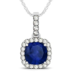 Blue Sapphire and Diamond Halo Cushion Pendant Necklace 14k White Gold 4.05ct - All