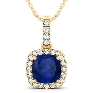Blue Sapphire and Diamond Halo Cushion Pendant Necklace 14k Yellow Gold 4.05ct - All