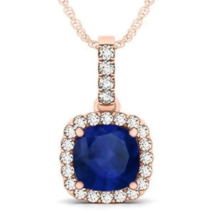 Blue Sapphire and Diamond Halo Cushion Pendant Necklace 14k Rose Gold 4.05ct - All