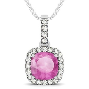 Pink Sapphire and Diamond Halo Cushion Pendant Necklace 14k White Gold 4.05ct - All
