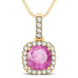 Pink Sapphire and Diamond Halo Cushion Pendant Necklace 14k Yellow Gold 4.05ct - All