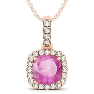 Pink Sapphire and Diamond Halo Cushion Pendant Necklace 14k Rose Gold 4.05ct - All