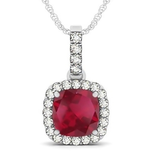 Ruby and Diamond Halo Cushion Pendant Necklace 14k White Gold 4.05ct - All