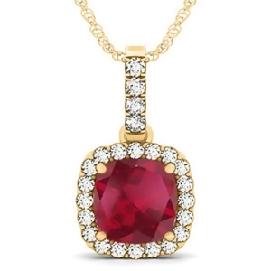 Ruby and Diamond Halo Cushion Pendant Necklace 14k Yellow Gold 4.05ct - All