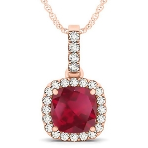 Ruby and Diamond Halo Cushion Pendant Necklace 14k Rose Gold 4.05ct - All
