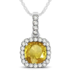 Yellow Sapphire and Diamond Halo Cushion Pendant Necklace 14k White Gold 4.05ct - All