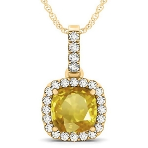 Yellow Sapphire and Diamond Halo Cushion Pendant Necklace 14k Yellow Gold 4.05ct - All