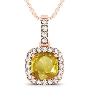 Yellow Sapphire and Diamond Halo Cushion Pendant Necklace 14k Rose Gold 4.05ct - All