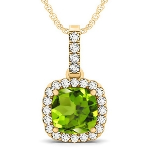 Peridot and Diamond Halo Cushion Pendant Necklace 14k Yellow Gold 4.05ct - All