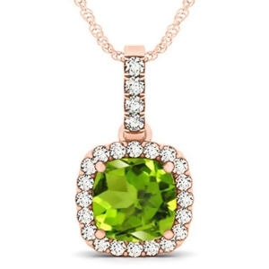 Peridot and Diamond Halo Cushion Pendant Necklace 14k Rose Gold 4.05ct - All
