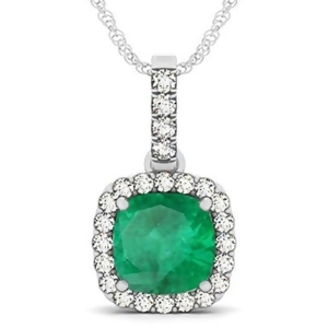 Emerald and Diamond Halo Cushion Pendant Necklace 14k White Gold 4.05ct - All