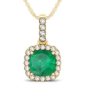 Emerald and Diamond Halo Cushion Pendant Necklace 14k Yellow Gold 4.05ct - All